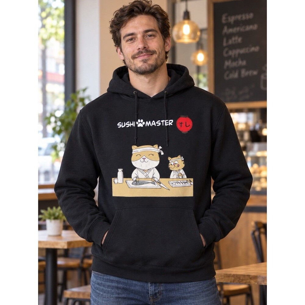 Sushi Master Cat Hoodie Joye Black Unisex Size L Pullover Graphic Sweatshirt